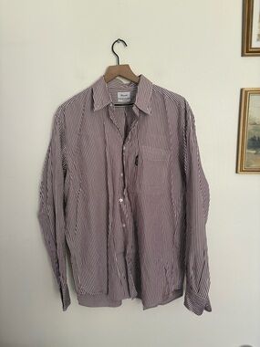 Faconnable Striped Long-Sleeve Button-Up Shirt Dress Burgundy Classic Men Large